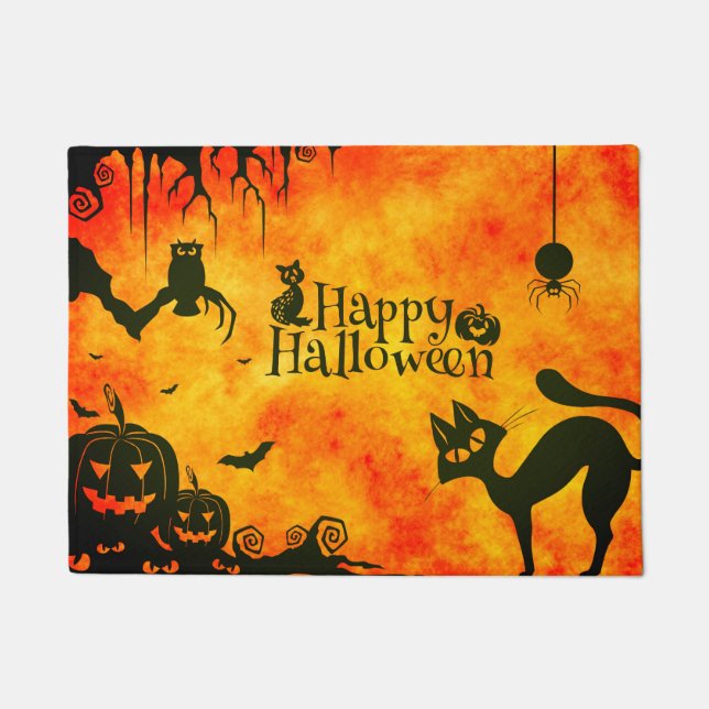 Paillasson Happy Halloween chat noir, hibou, citrouille (Devant)