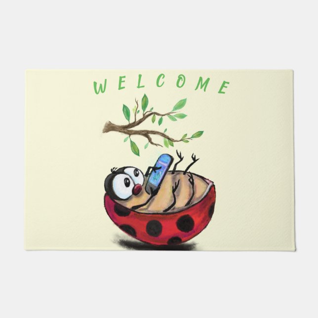 Paillasson Happy Little Ladybug avec téléphone - Bienvenue (Devant)