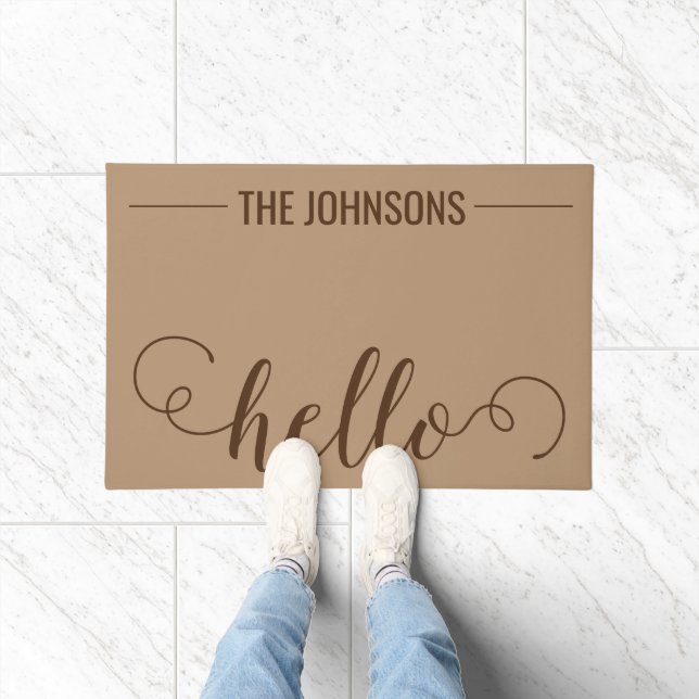 Paillasson HELLO Nom de famille personnalisé Welcome Mat Tan (Intérieur)