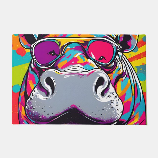 Paillasson Hippo Avec Lunettes De Soleil Pop Art (Devant)