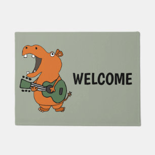Paillasson Hippopotame orange drôle jouant la guitare