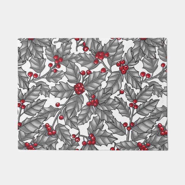 Paillasson Holly berry, feuilles gris sur blanc (Devant)