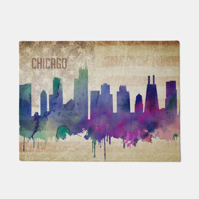 Paillasson Horizon de ville d'aquarelle de Chicago, IL | (Devant)