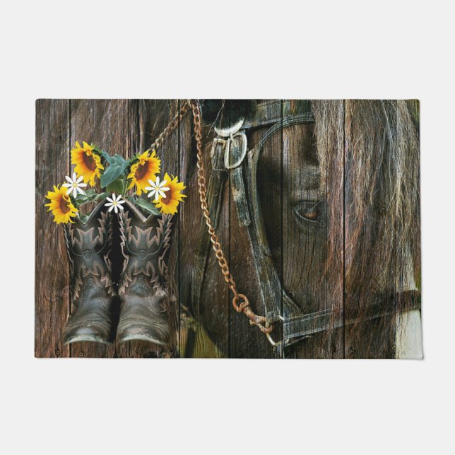 Paillasson Horse Cowboy Boots Sunflowers Rustic Barque (Devant)