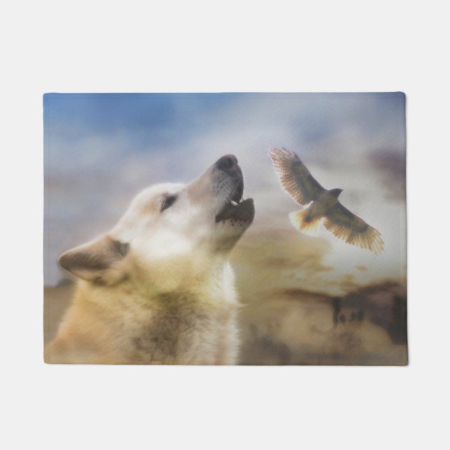 Paillasson Howling Wolf Redtail Hawk Native American Inspiré (Devant)