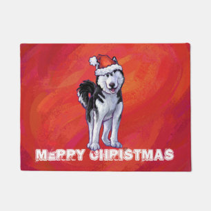 Paillasson Husky à Santa Hat Sur Rouge