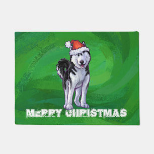 Paillasson Husky festif à Santa Hat sur Vert