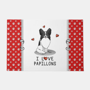 Paillasson I Love Papillons (blanc & noir) Coeurs Chiens mign