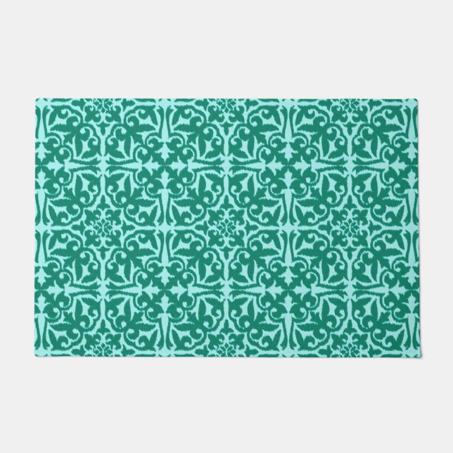 Paillasson Ikat Damask Pattern, Turquoise et Aqua (Devant)