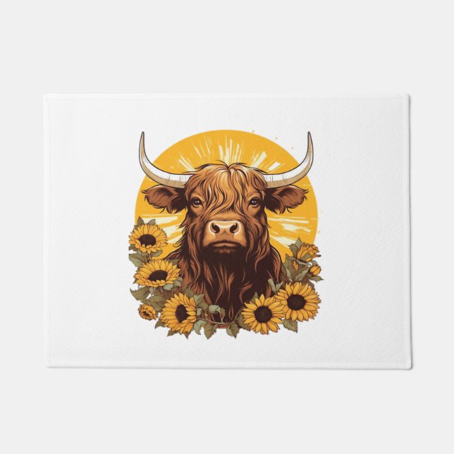 Paillasson Illustration d'une vache des Highlands avec Sunflo (Devant)