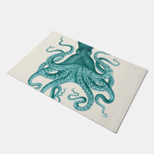 Paillasson Illustration vintage de poulpe de turquoise (Incliné)