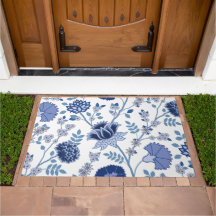 Jacobean Floral Lg Motif Bleu sur Blanc