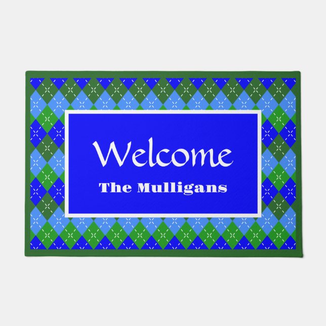 Paillasson Jacquard bleu et vert blanc piqûres personnalisées (Devant)