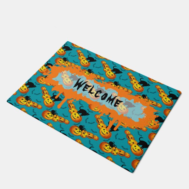 Paillasson Joli Citrouille Halloween Dusty Blue Motif Bienven (Incliné)