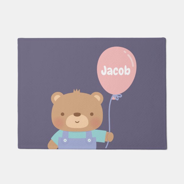 Paillasson Joli Ours Brun Avec Ballon Rose Nom (Devant)