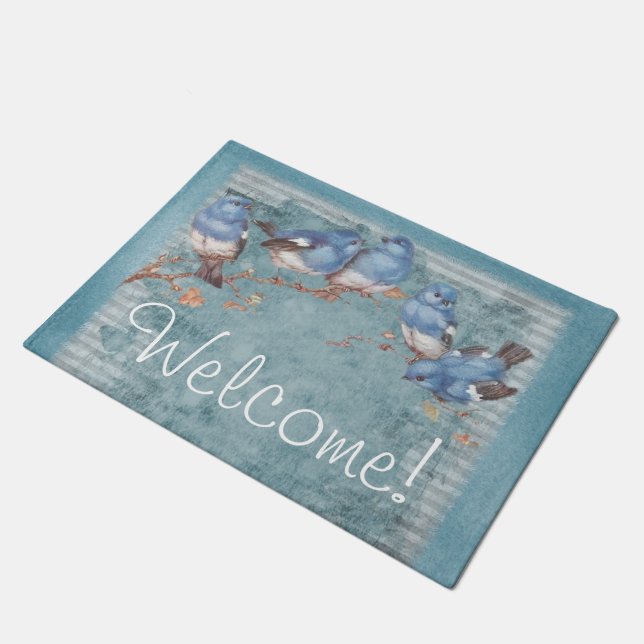 Paillasson Jolie aquarelle Petits oiseaux bleus Bienvenue (Incliné)