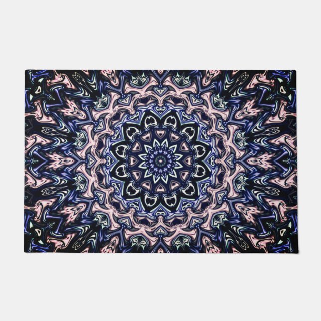 Paillasson Jolie entrée florale "MANDELA" Flower bLUE Bienven (Devant)