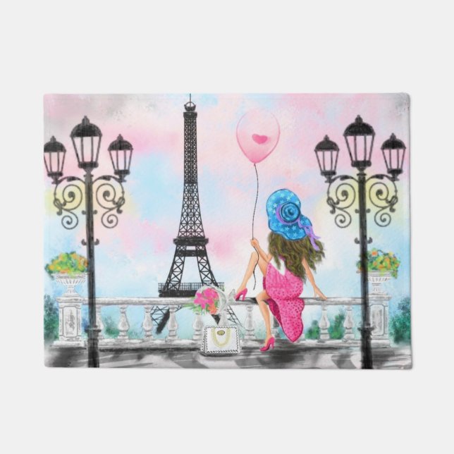 Paillasson Jolie femme et ballon de coeur rose - I Love Paris (Devant)