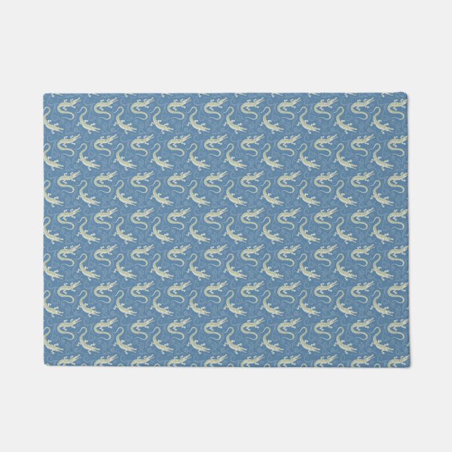 Paillasson Jouer Alligator Vert Paisley sur Bleu (Devant)