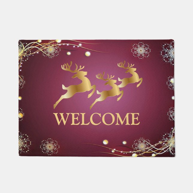 Paillasson Jour de Noël Golden Reindeers Rouge rose Élégant (Devant)