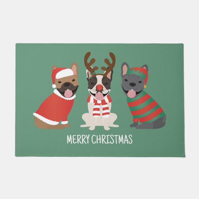 Paillasson Joyeux Buldogs français de Noël (Devant)