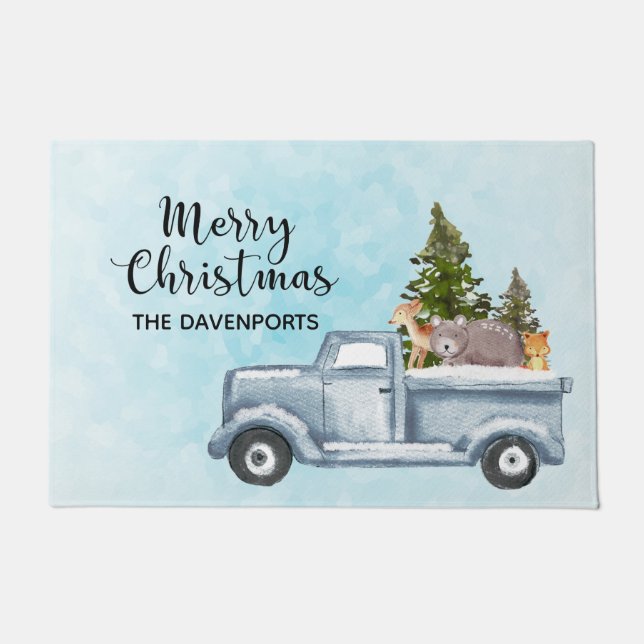 Paillasson Joyeux Camion de Noël avec de mignons animaux (Devant)