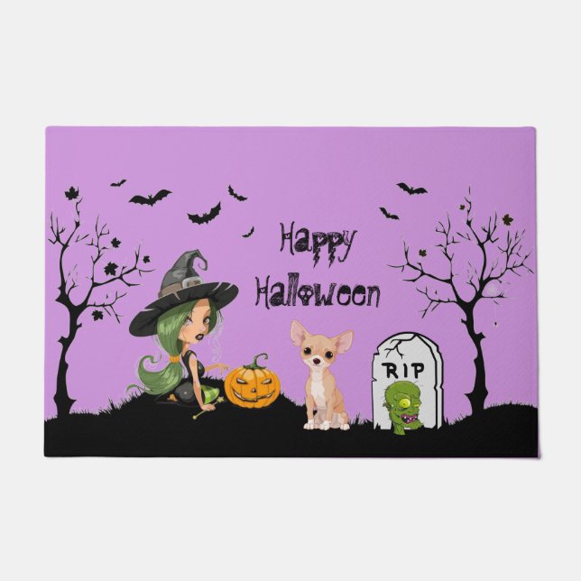Paillasson Joyeux Halloween Chihuahua Et Jolie Sorcière (Devant)