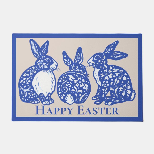Paillasson Joyeux lapin de Pâques Bunny Bleu blanc Delft Dedh (Devant)