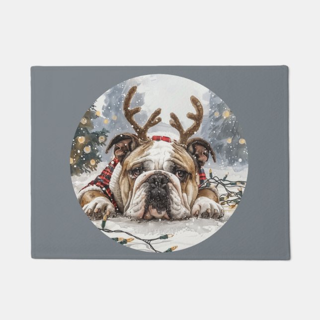 Paillasson Joyeux Noël anglais Bulldog Reindeer (Devant)
