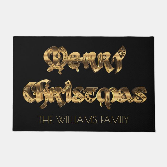 Paillasson Joyeux Noël Elegant Black et Faux Gold Foil (Devant)