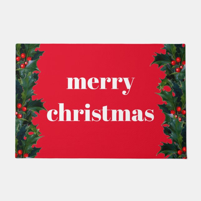 Paillasson Joyeux Noël Red Holly Bordure Bienvenue Mat (Devant)