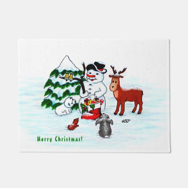 Paillasson Joyeux Noël ! Snowman avec amis (Devant)