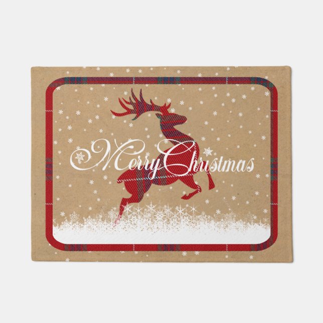 Paillasson Joyeux rennes de Noël Tartan Rouge/Kraft ID590 (Devant)