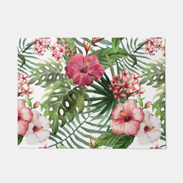 Paillasson La ketmie tropicale fleurit le motif de feuillage (Devant)
