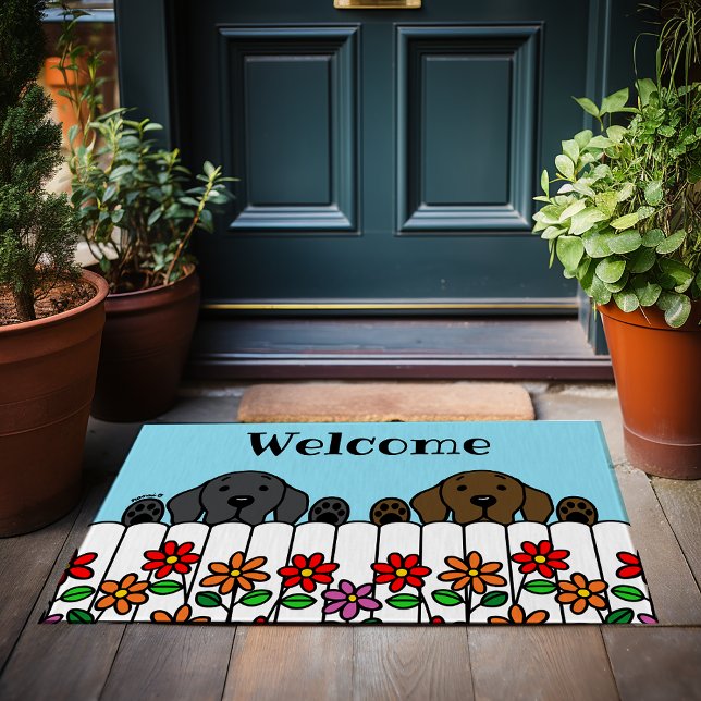 Paillasson Labrador Duo Vous regarde Welcome Doormat (Labrador Duo Watching You Welcome Doormat.  Black Lab and Chocolate Lab.  Cute Cartoon Design.)
