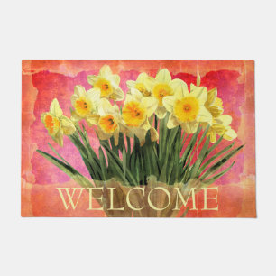 Paillasson Les jonquilles d'aquarelle jaune sur le corail Acc
