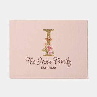 Paillasson Lettre de nom personnalisée I Roses roses blush en
