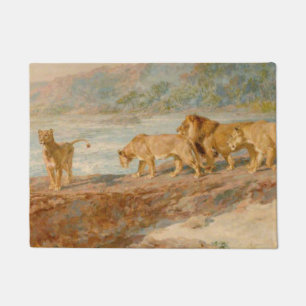 Paillasson Lion et lionnes sur la rive d'une rivière africain