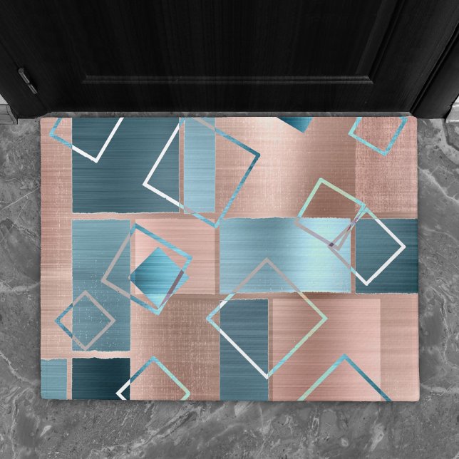 Paillasson Luxe Abstrait | Blush Rose Gold et Turquoise Géomé (Créateur téléchargé)