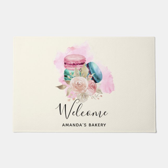 Paillasson Macarons et fleurs colorés Aquarelle Bienvenue (Devant)