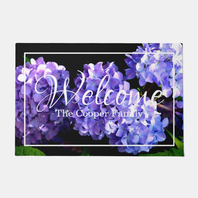 Paillasson Magenta bleu violet Hydrangeas bienvenue (Devant)