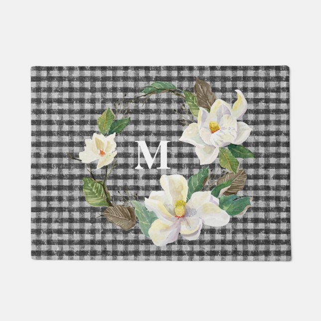 Paillasson Magnolia florale monogramme Chèque noir et blanc (Devant)