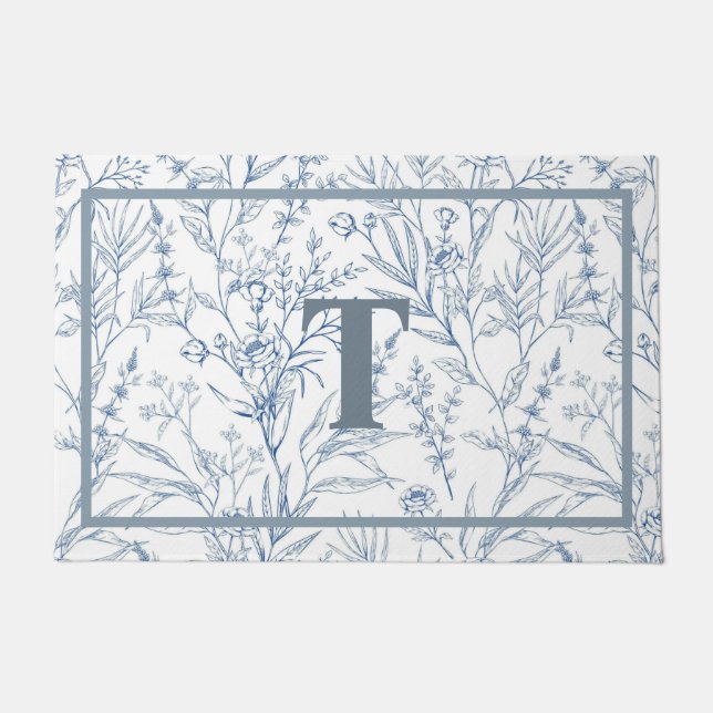 Paillasson Maison Bleue Blanc Floral Monogramme (Devant)