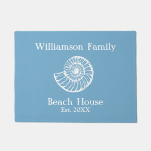 Paillasson Maison de plage coquillage bleu monogrammé