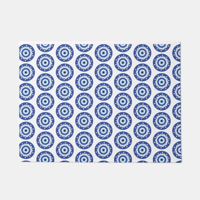 Paillasson Mandala Grec Mal Eye Motif Bleu Blanc (Devant)