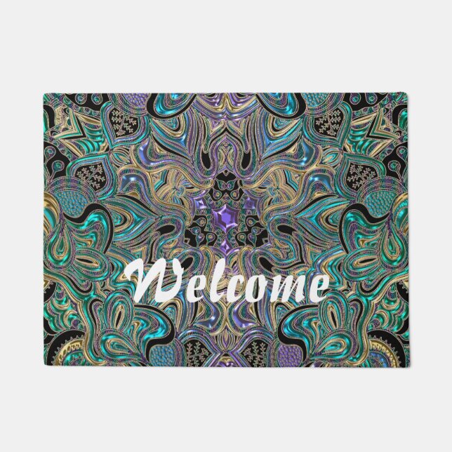 Paillasson Mandala noir pourpre d'or turquoise (Devant)