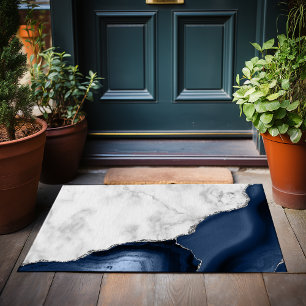 Paillasson Marbre Blanc Agate Bleu Marine Paillettes Argentée