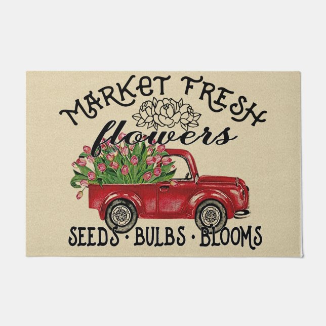 Paillasson Marché Fleurs Fraîches Mat, Beau Camion Rouge (Devant)