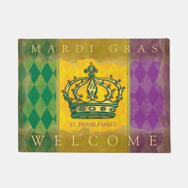 Paillasson Mardi Gras Crown Purple Gold Nom de famille Bienve (Devant)