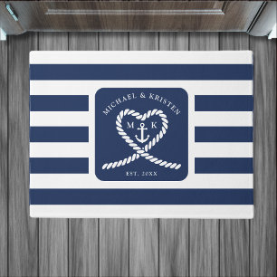 Paillasson Mariage d'Ancre du coeur en corde bleue marine